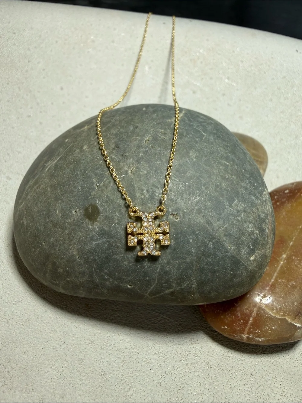 Tory Burch Gold Tone Crystal Logo Pendant Necklace